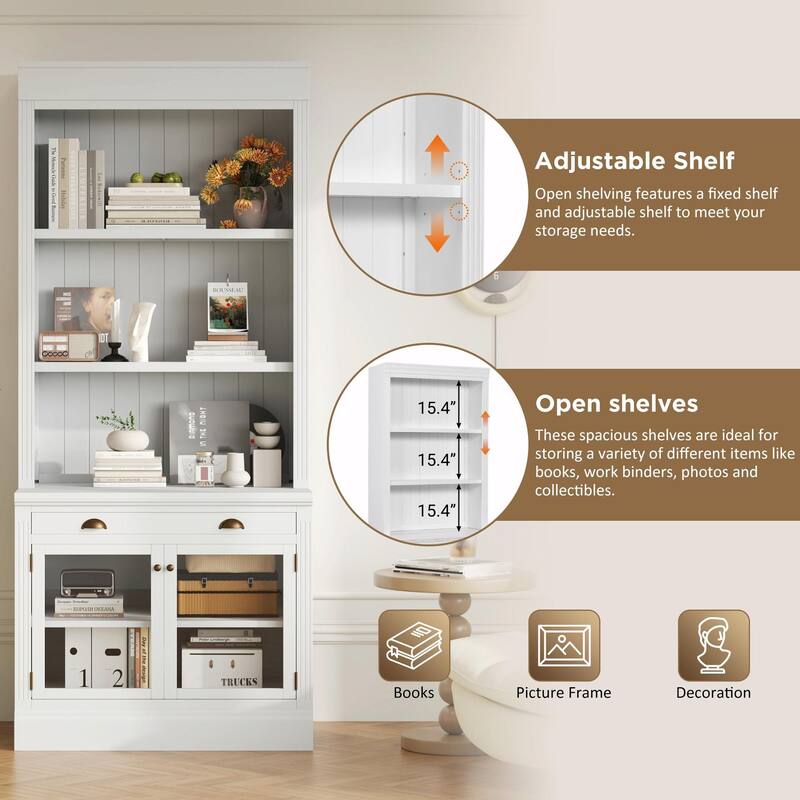 83.4" Tall Bookshelf, Modern Bookcase with 2 Glass Doors, 1 Drawer & Open Shelves