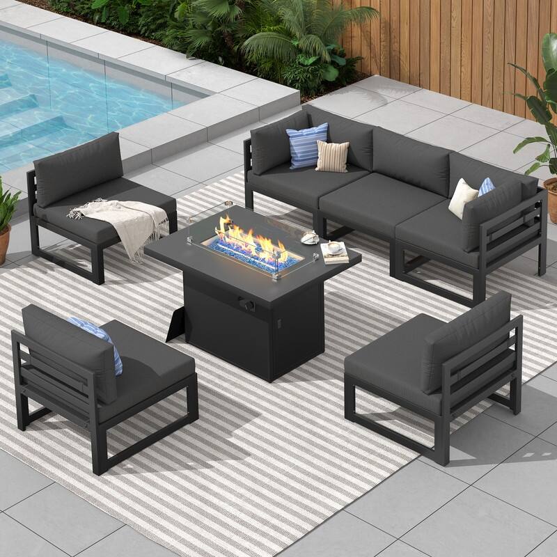 FINCATI Aluminum Outdoor Patio Furniture Conversation Sectional Sofa Set - 7 Pieces-A - Dark Grey