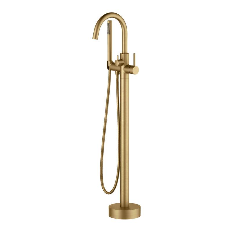 Single Handle Floor Mounted Freestanding Tub Filler With Hand Shower - Brushed Brass