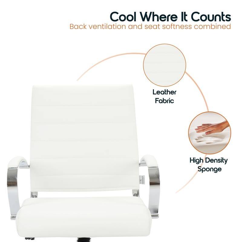 Benmar Modern Leather Ribbed Executive Office Chair with Chrome Frame, Adjustable Height, 360° Swivel, and Rolling Casters
