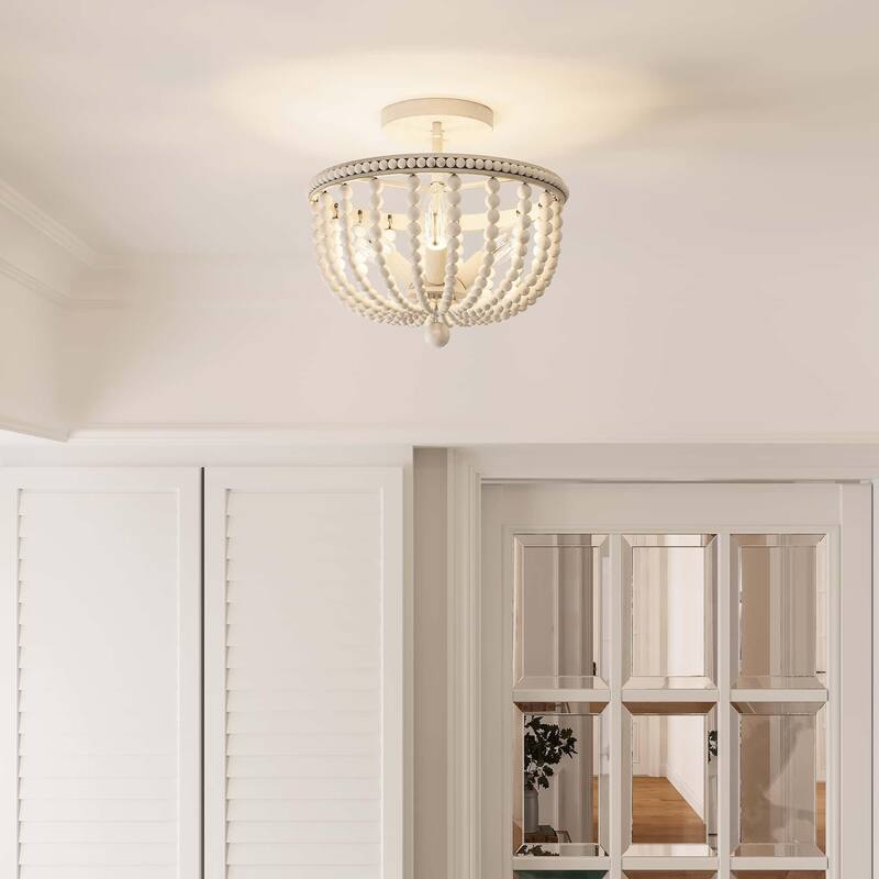 Cauhu 3-light Farmhouse Coastal Wood Beaded Semi Flush Mount Ceiling Lights -UL