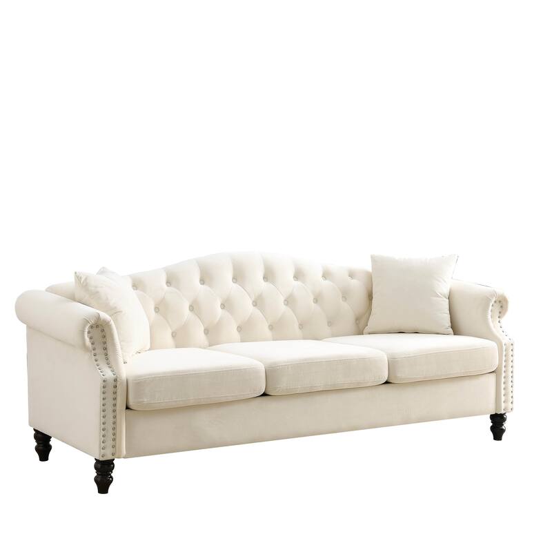 Chesterfield 3+3 Velvet Sofa Set with Nailhead Trim, Rolled Arms, and Throw Pillows, Perfect for Living Room