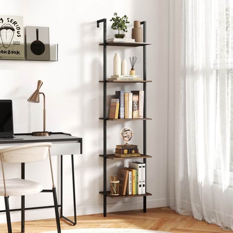 Rustic Brown Engineered Wood Ladder Bookshelf with Metal Frame - 17" x 12" x 70"