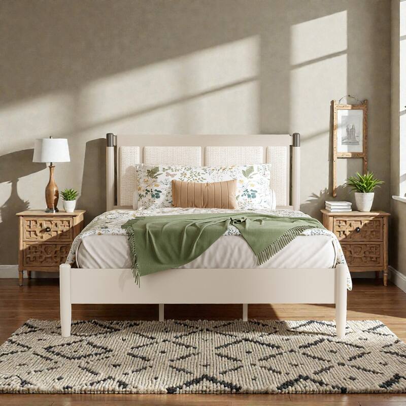 Solid Wood Platform Bed with Upholstered Headboard and Metal Handles, Heavy Duty 500 lbs Support, No Box Spring