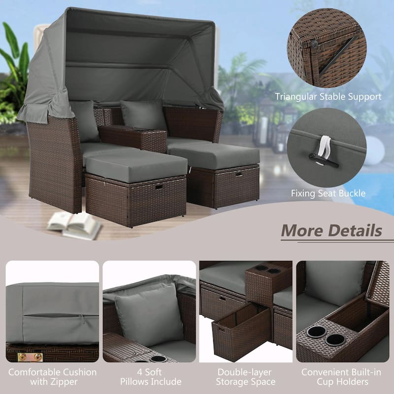 Outdoor Patio Loveseat Sofa Set with Foldable Awning