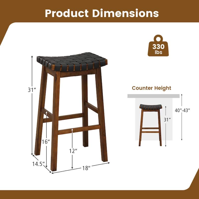 Set of 2 Woven Saddle Stools Faux PU Leather Kitchen Stool