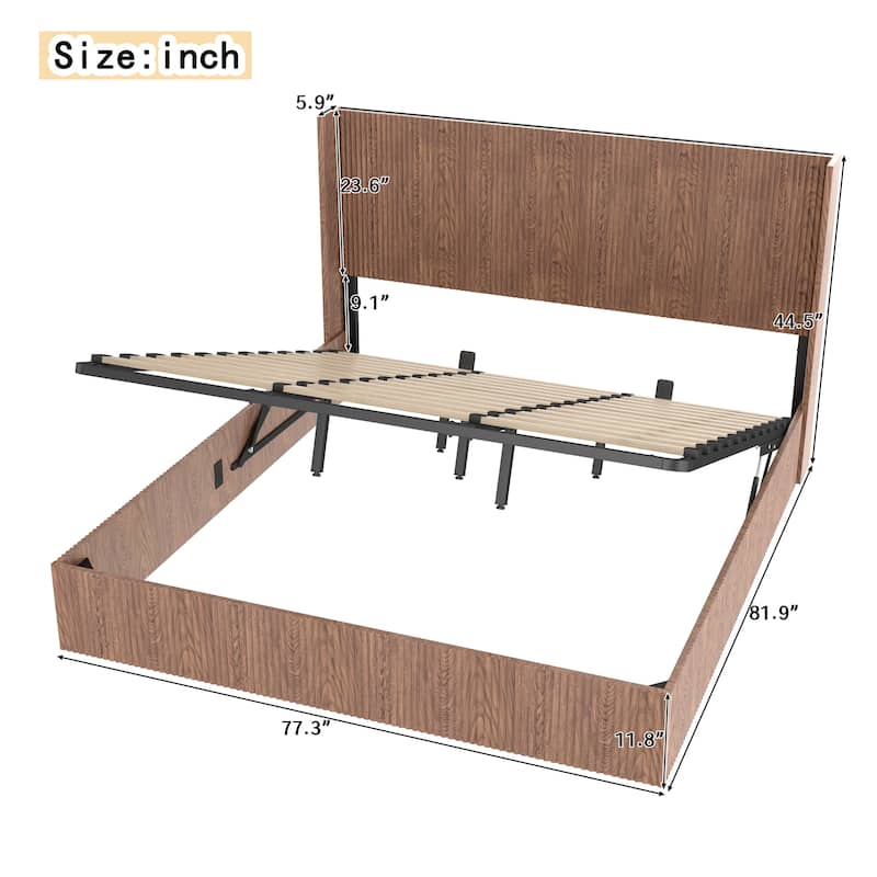 Large Grooved Undulating Lift Storage Bed Frame, Wooden Platform Bed Frame With Lift Storage, No Spring Box Required (King)