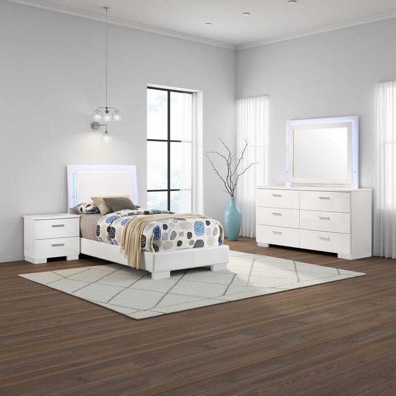 Sok 4pc Twin Bedroom Set, Blue LED Lights, Faux Leather, White Wood