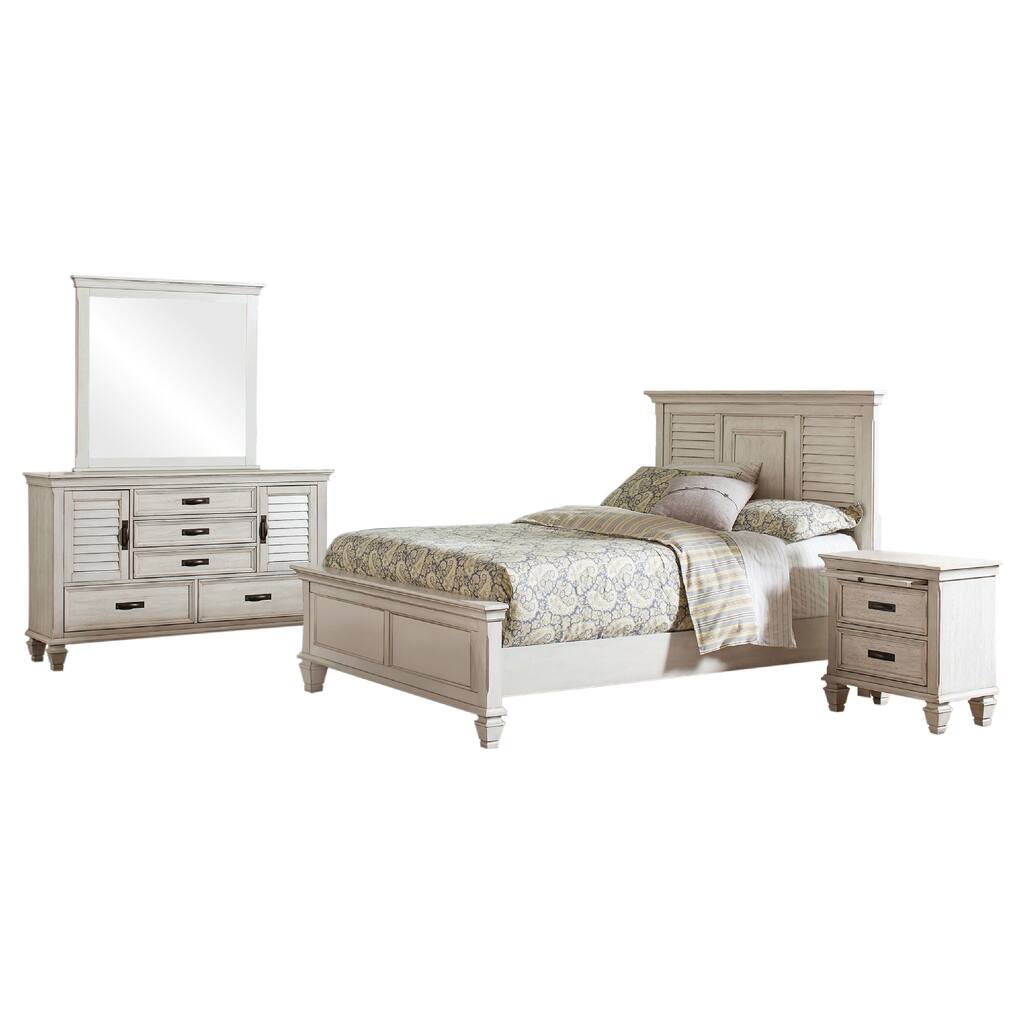 Eli 4 Piece King Size Bedroom Set, Rustic White Wood, Dresser Mirror