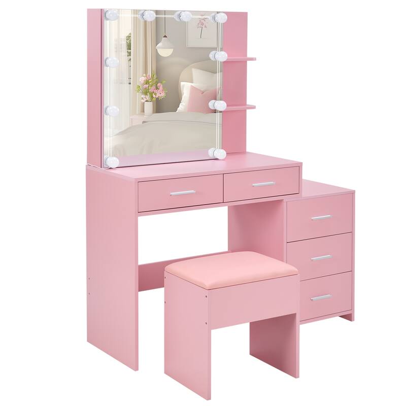 Pink Dressing Table Set with Sliding Mirror Cabinet 5 Drawers and Shelves Lighted Mirror