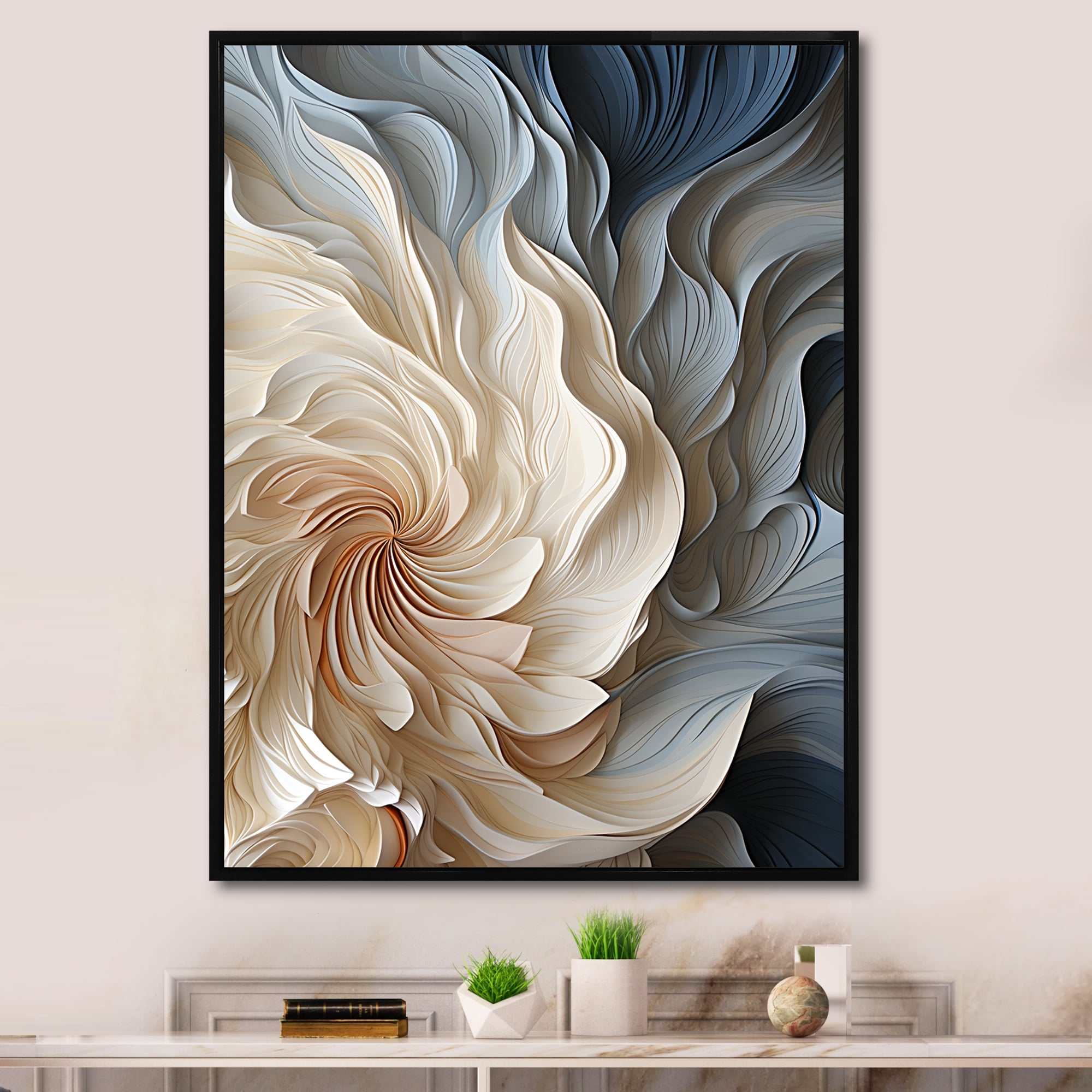 Designart "White And Blue Feather Spiral II" Abstract Geometric Blue Wall Decor - Modern Entryway Framed Wall Art Print
