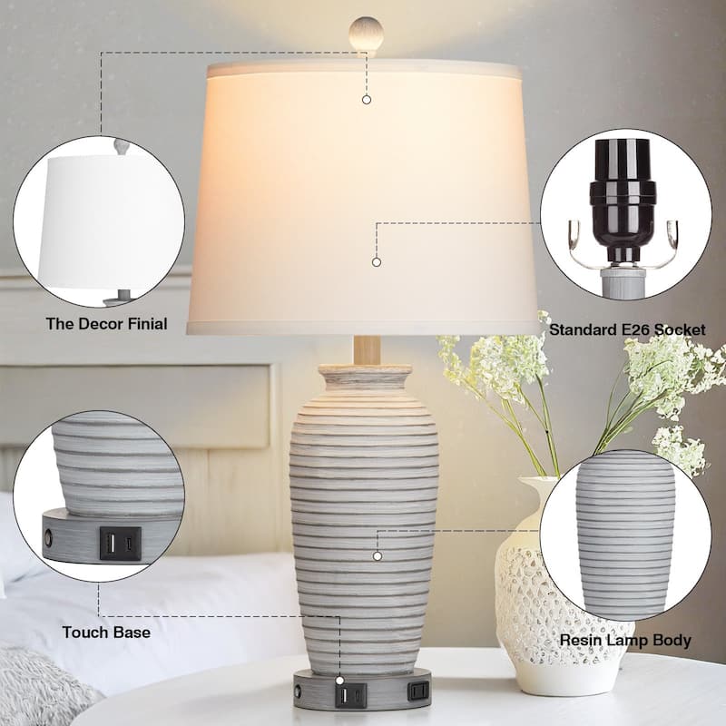 Set of 2 White Resin Table Lamps with 3-Way Dimmable Touch Control, USB/Type-C Ports, and AC Outlet - 13'' X 13'' X 25''