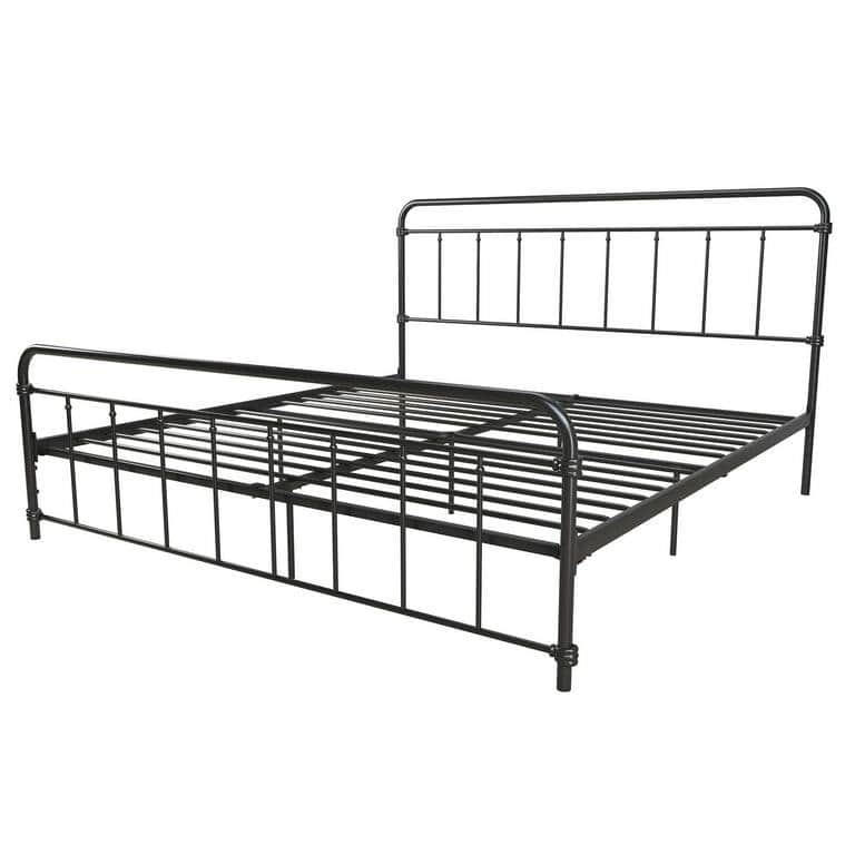 Vintage Black Metal Platform Bed Frame with Headboard and Footboard - Black
