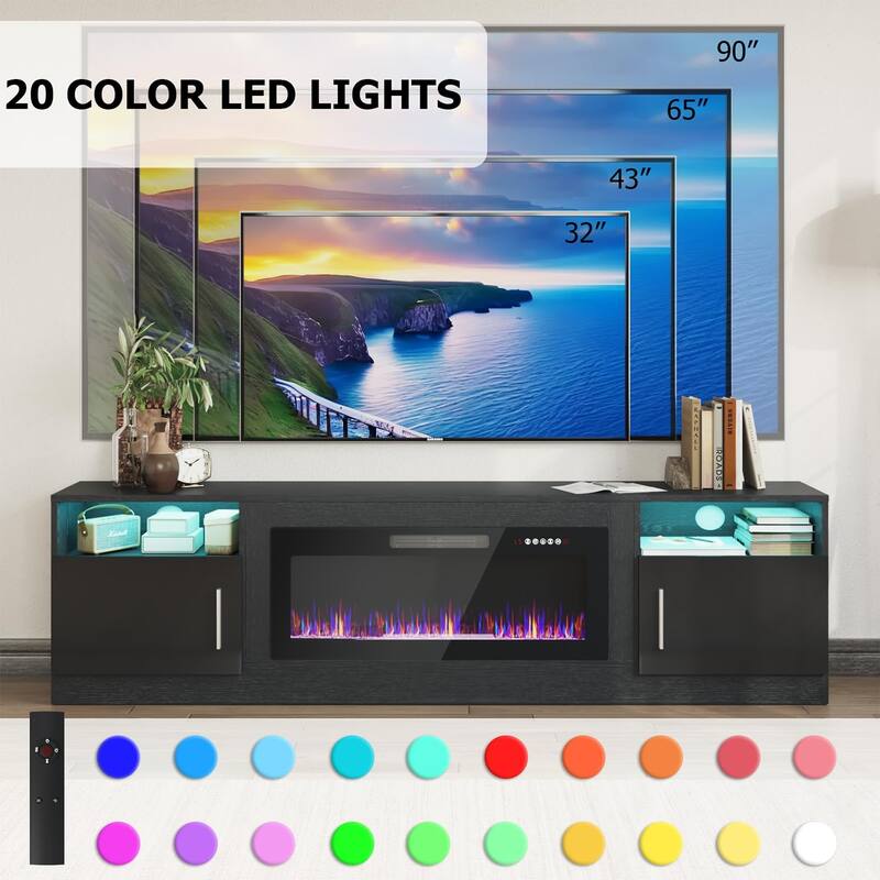 80" Modern Electric Fireplace TV Stand with 20-Color LED Lights, Fits Up to 90" TV, Adjustable Shelves & Cable Management