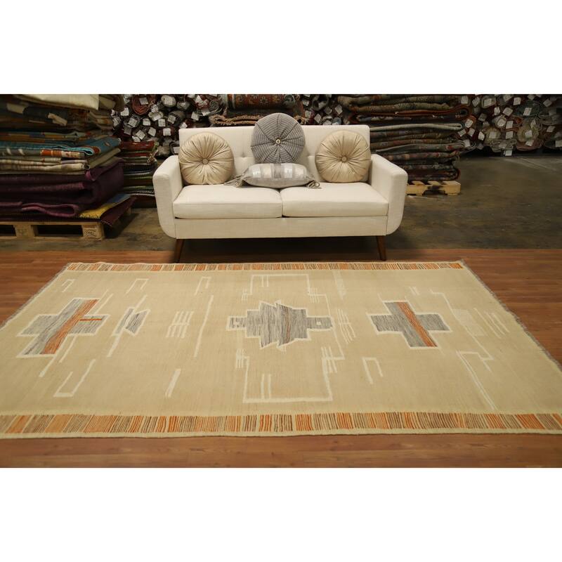 Hand Woven Oriental 100% Wool Carpet Southwestern Tribal Beige & Ivories Kilim Area Rug - 8' 10'' X 5' 8''