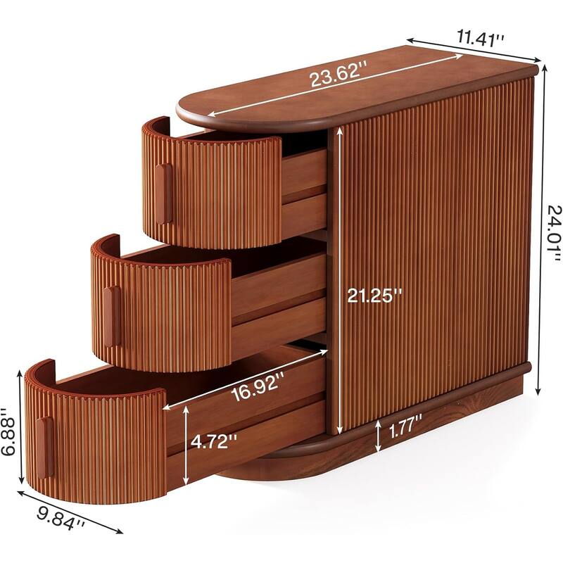 10.8"Walnut Solid Wood 3-Drawer End Table -Narrow Nightstand, Semi-Oval Chair Side Table, Slim Wooden Sofa Side Table