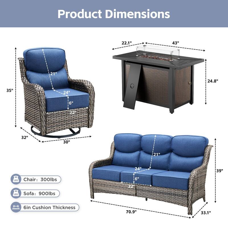 Arcadia 4-Piece PE Wicker Patio Seating Set with Durable All-Iron Fire Pit and 6-Inch Cushions