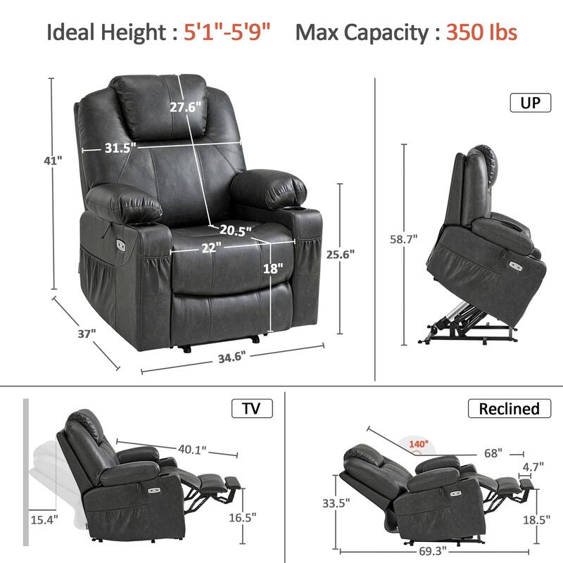 MCombo Electric Power Lift Recliner Chair Sofa with Massage and Heat, 3 Positions, USB Ports, Faux Leather 7040