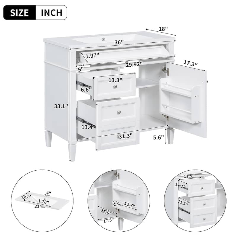 36 Inch Bathroom Vanity with Top Sink, Tip-Out Drawer, Soft Close Doors, Freestanding Cabinet for Storage