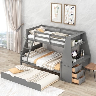 Full-Over-Full Bunk Bed with Twin size Trundle, Storage and Desk, White