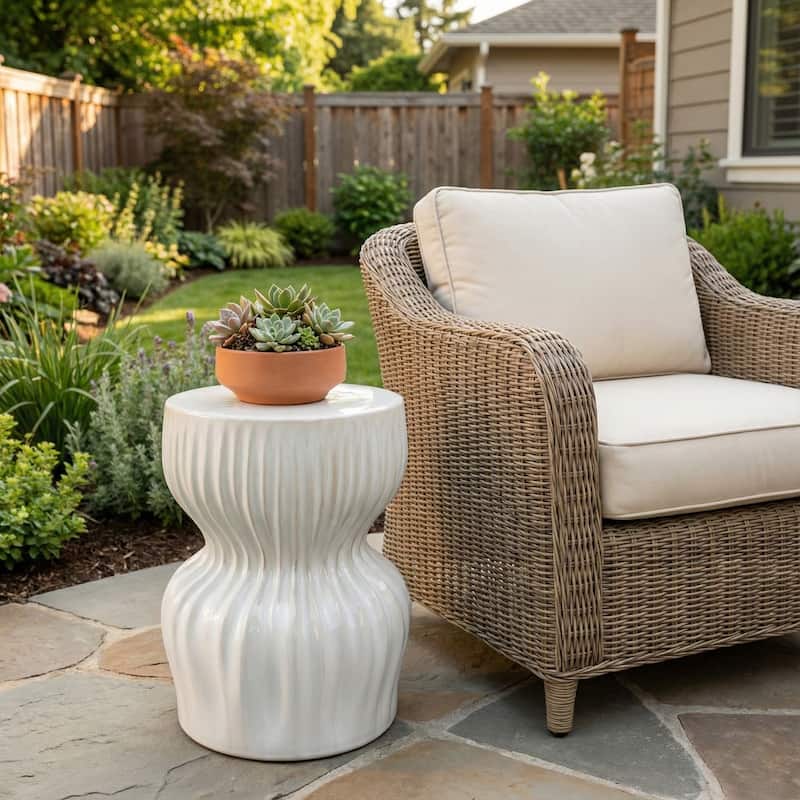 Garden Stool -Ceramic Modern Drum Sculptural - White, 19"