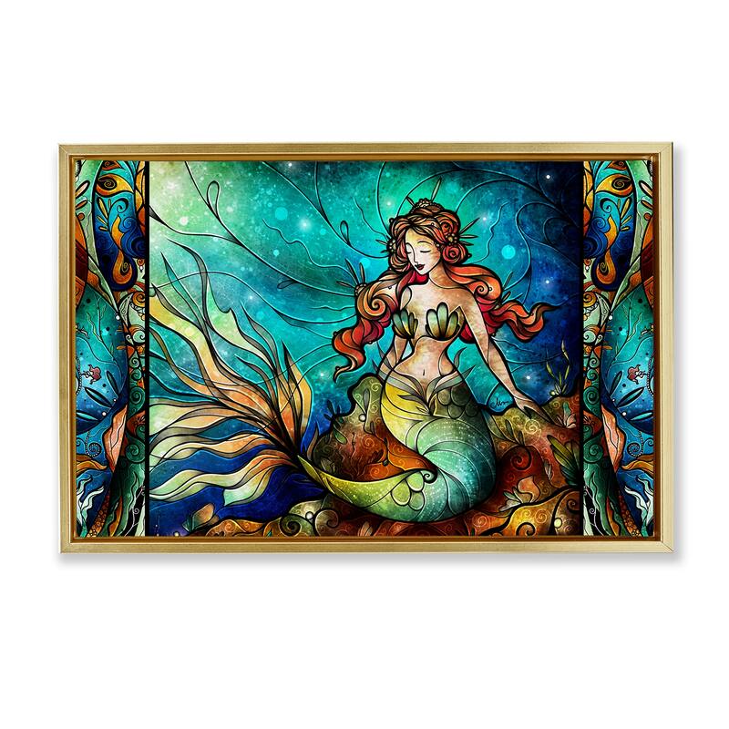Stupell Elegant Seated Mermaid Framed Floater Canvas Wall Art Design By Mandie Manzano - 25 x 17 - Gold