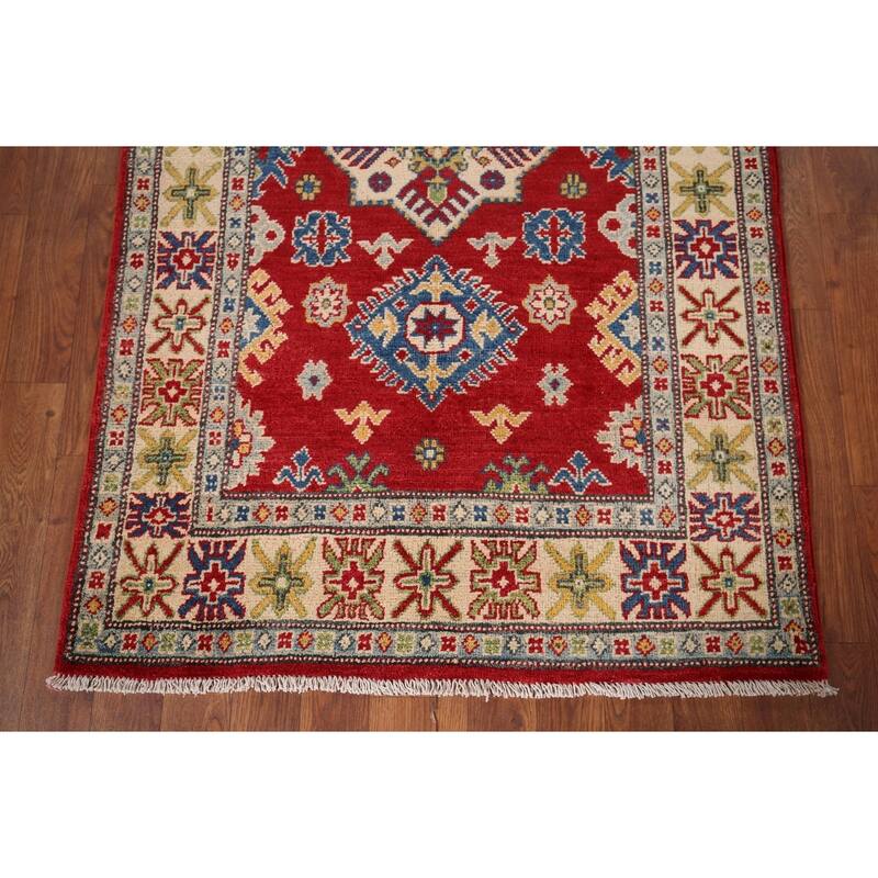 Red Traditional Geometric Kazak Accent Rug Hand-Knotted Wool Carpet - 3'1" x 5'0"