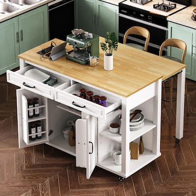 47 inch Kitchen Island with Extendable Dining Table, Rubber Wood Veneer Kitchen Table with Internal Storage Rack, Power Outlet,