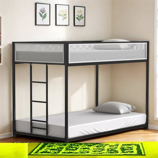 slide 2 of 7, Twin Twin Bunk Bed Metal with Mesh Guard Rail and Stable Ladder