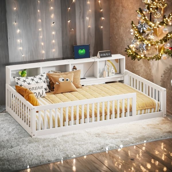 slide 2 of 24, Kids Wood Semi-enclosed fence Floor Bed with Storage Cabinets and USB Ports White