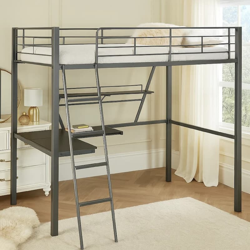Contemporary Metal Loft Bed with Desk, Black and Silver Size - Twin