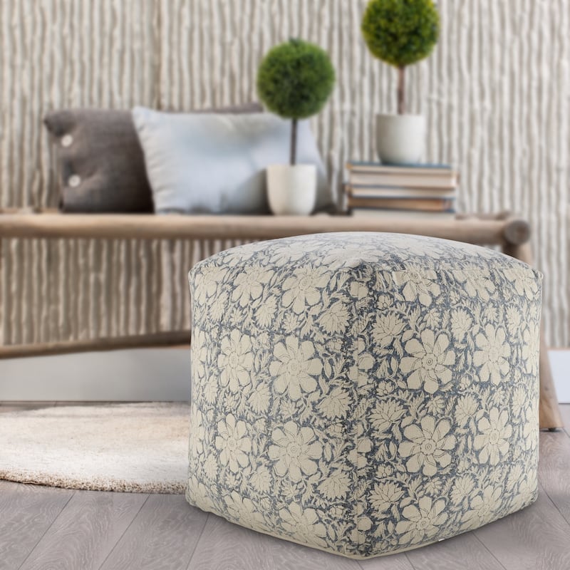 Decorative 20-Inch Pouf Ottoman Square Footrest with Floral Design in Blue and Beige Ideal for Living Room