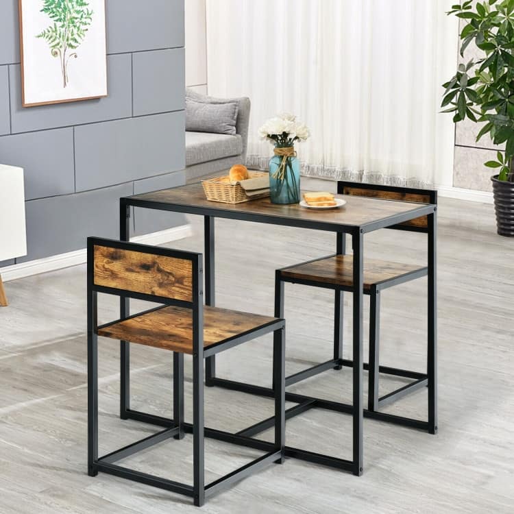 3 Pcs Dining Set Compact Table and 2 Chair with Metal Frame for for Small Space