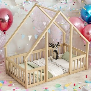 Twin Floor House Bed with Fence,Guardrails