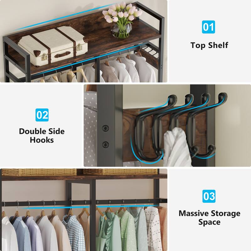 Freestanding Closet Organizer, Clothing Rack with 4 Drawers, 8 Hooks and Storage Shelves - Grey