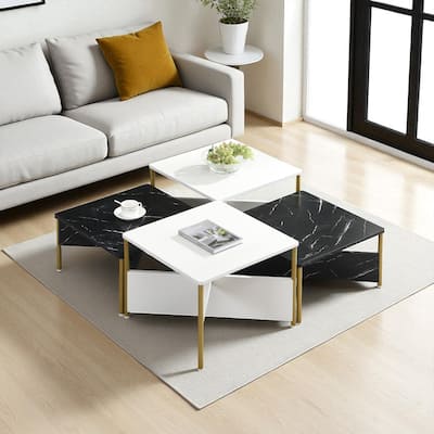 Modern Nesting Coffee Table Set of 4, Square Accent Tables with Adjustable Shape, Marble Finish & Metal Legs