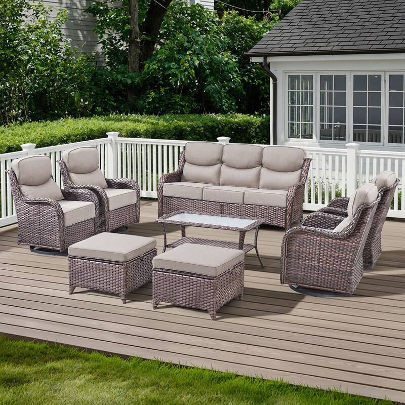 Arcadia 8-Piece Wicker Patio Conversation Set with Swivel Gliders and 6-Inch Thick Olefin Cushions