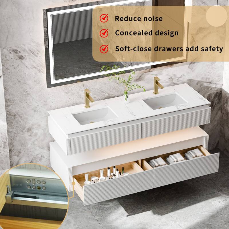 Modland 60" Modern Wall-Mounted Double Sink Bathroom Vanity with Engineered Stone Countertop, Soft-Close Drawers