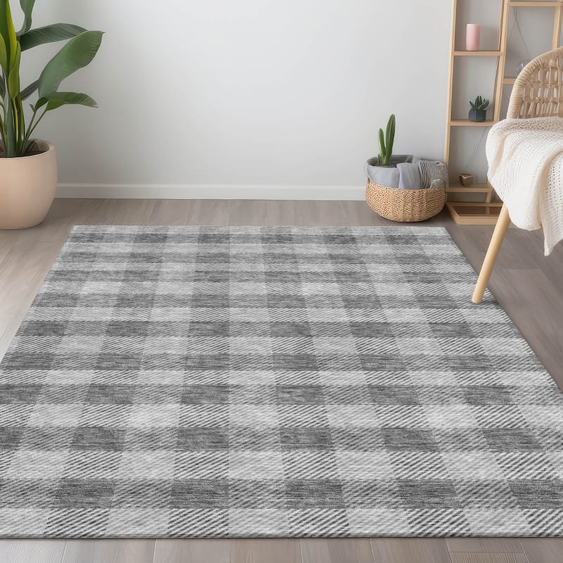 Machine Washable Indoor/ Outdoor Chantille Plaid Stripe Rug