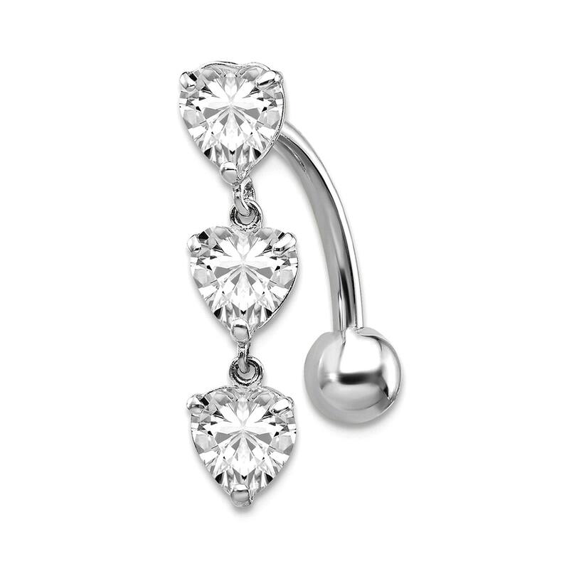 Curata Solid 10k Yellow or White Gold 14g 5x20mm Cubic Zirconia Heart Belly Ring Dangle - White Gold