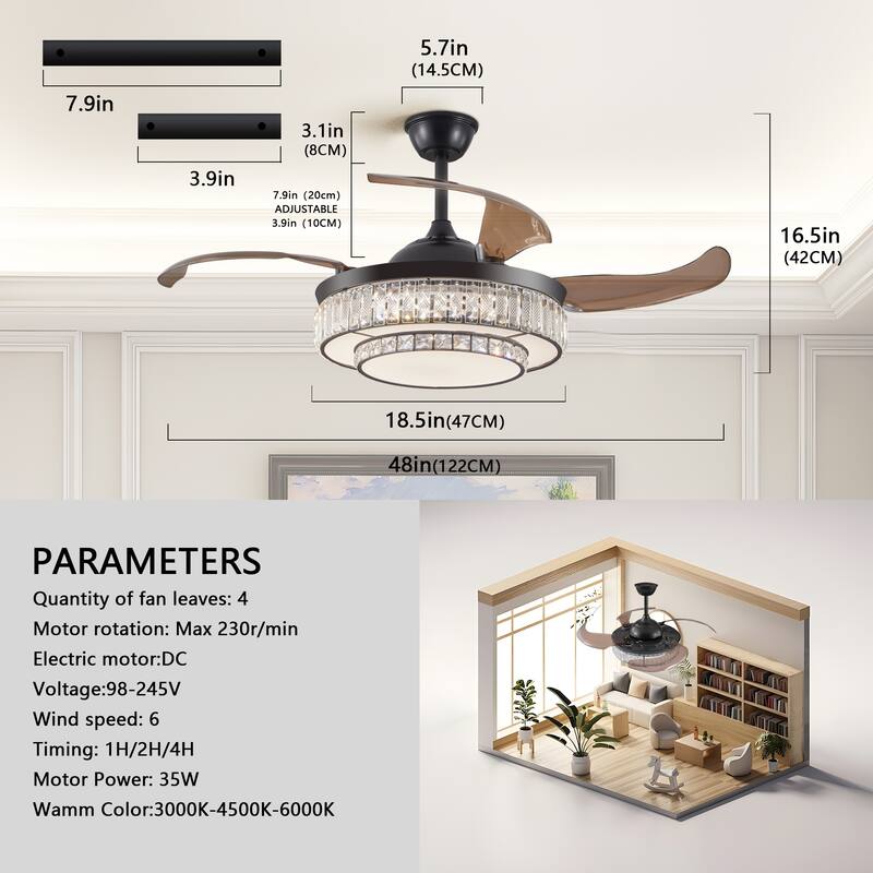 42" 48'' Smart Retractable White Ceiling Fan Light with Remote and APP Control