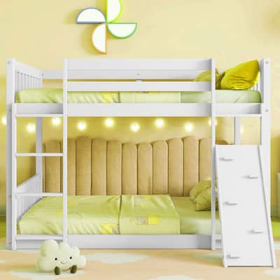 Fun Twin Over Twin Floor Bunk Bed with Climbing Ramp, Ladder & Playhouse Design, White