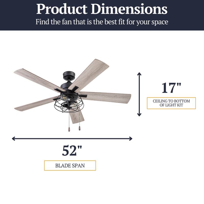 52" Prominence Home Marshall Matte Black Industrial Style LED Ceiling Fan with Light, Pull Chain