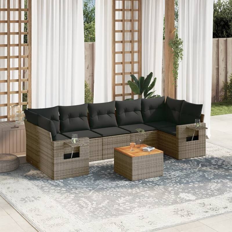 vidaXL Garden Sofa Set 8 Piece with Cushions Outdoor Sofa Set Poly Rattan - 21.7 x 21.7 x 14.6 in (W x L x H) - Grey