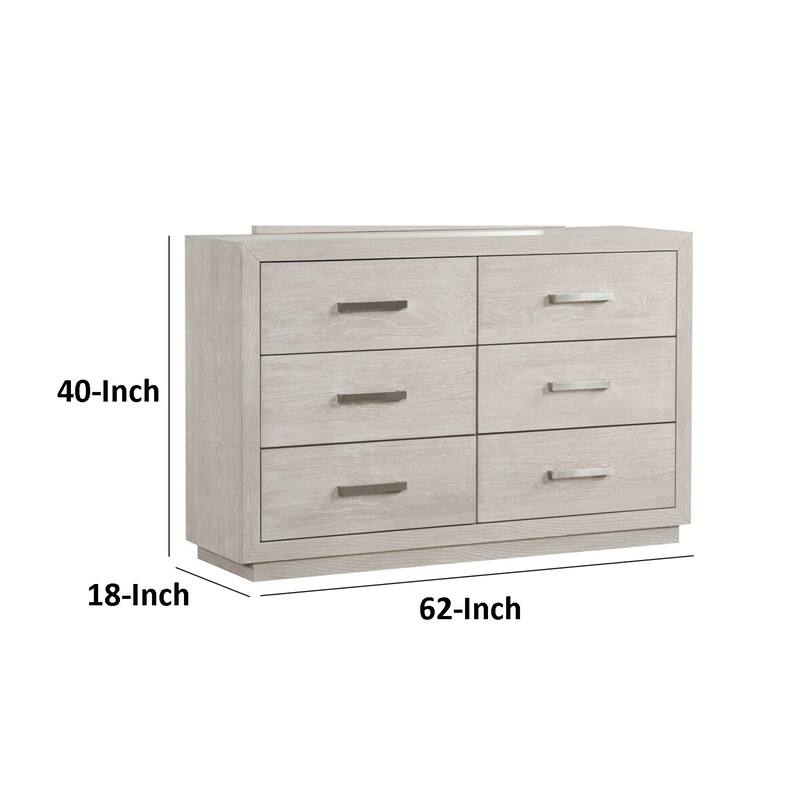 Kexa Wide Dresser, 6 Drawers, Light Gray Solid Wood, Nickel Metal