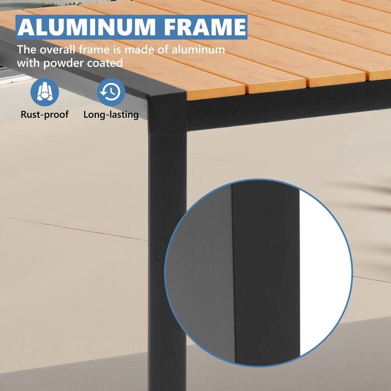 9-PCOutdoor Patio Dining Set WoodLike Table Top Aluminum Rectangular Umbrella Hole Table with Stackable Armrest Dining Chairs