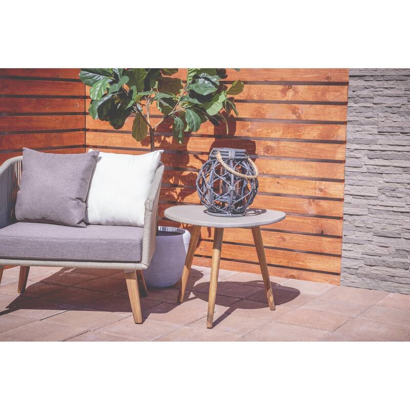 Gray Concrete Inspired Oval End Table Outdoor Accent Table with Brown Tapered Wood Legs