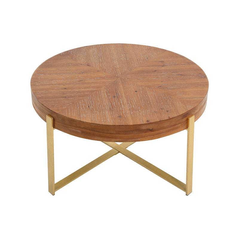 Modern Retro Splicing Round Coffee Table, Fir Wood Top with Cross Legs