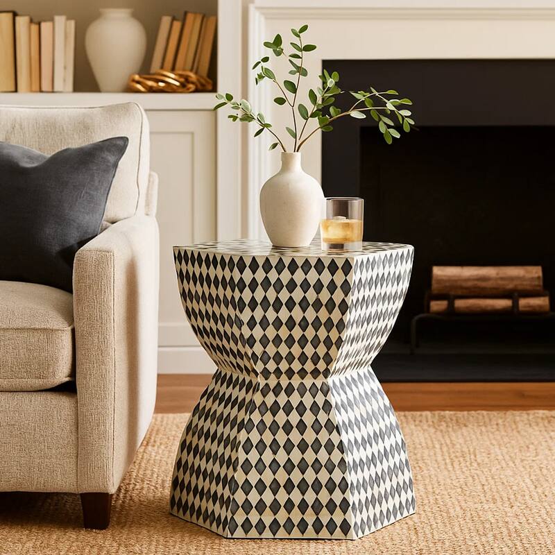 17 Inch Modern Hexagonal Table Stool, Capiz Inlaid Platform, White, Black