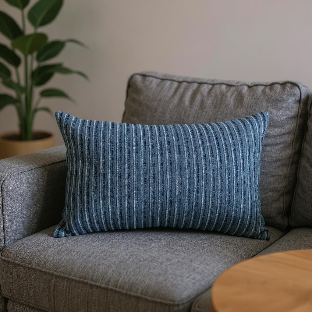HomeRoots 14" X 26" Blue Striped Cotton Blend Lumbar Throw Pillow